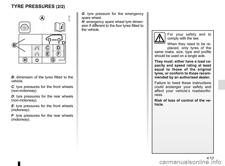 RENAULT MEGANE COUPE 2016 X95 / 3.G Owners Manual 4.13
TYRE PRESSURES (2/2)
G: tyre pressure for the emergency 
spare wheel.
H: emergency spare wheel tyre dimen-
sion if different to the four tyres fitted to 
the vehicle.
B : dimension of the tyres f