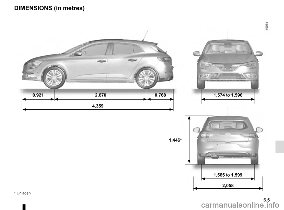 RENAULT MEGANE 2016 X95 / 3.G Owners Manual 6.5
DIMENSIONS (in metres)
0,9212,6700,7681,574 to 1,596
4,359
1,446*
1,565 to 1,599
2,058
* Unladen RENAULT MEGANE 2016 X95 / 3.G Owners Manual 6.5
DIMENSIONS (in metres)
0,9212,6700,7681,574 to 1,596
4,359
1,446*
1,565 to 1,599
2,058
* Unladen