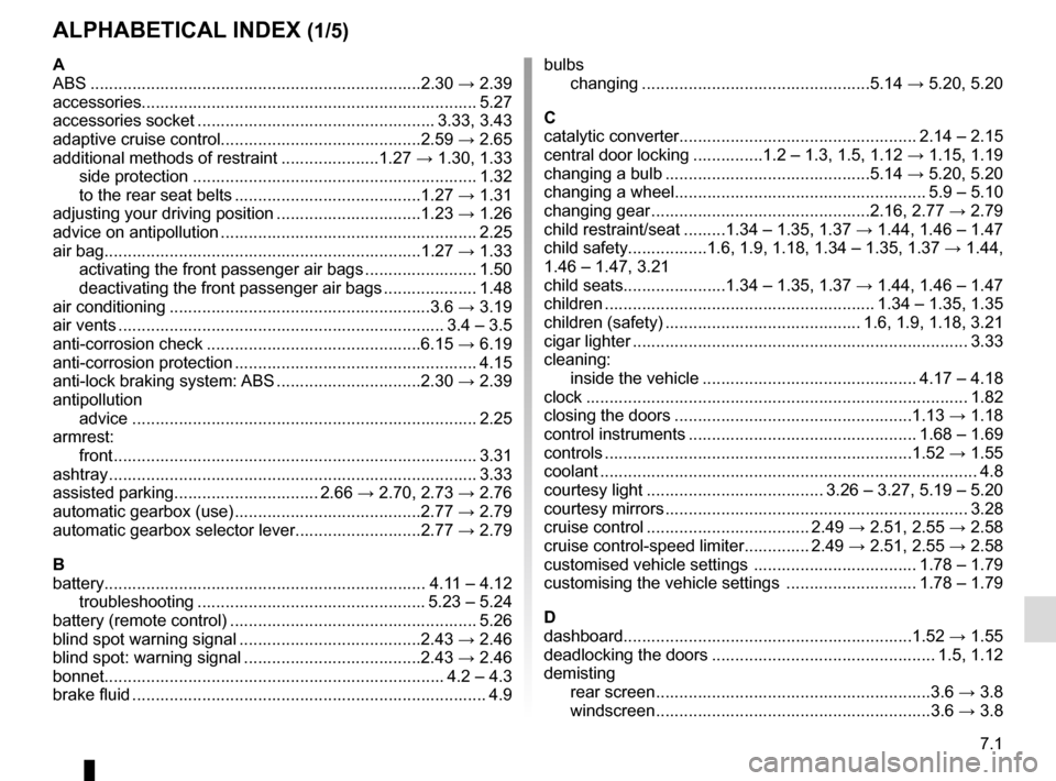 RENAULT MEGANE 2016 X95 / 3.G Owners Manual 7.1
ALPHABETICAL INDEX (1/5)
A
ABS ....................................................................\
...2.30 → 2.39
accessories.............................................................\
.... RENAULT MEGANE 2016 X95 / 3.G Owners Manual 7.1
ALPHABETICAL INDEX (1/5)
A
ABS ....................................................................\
...2.30 → 2.39
accessories.............................................................\
....