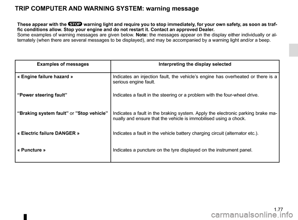 RENAULT MEGANE 2016 X95 / 3.G Manual Online 1.77
TRIP COMPUTER AND WARNING SYSTEM: warning message
These appear with the ® warning light and require you to stop immediately, for your own safety, as soon as traf-
fic conditions allow. Stop your