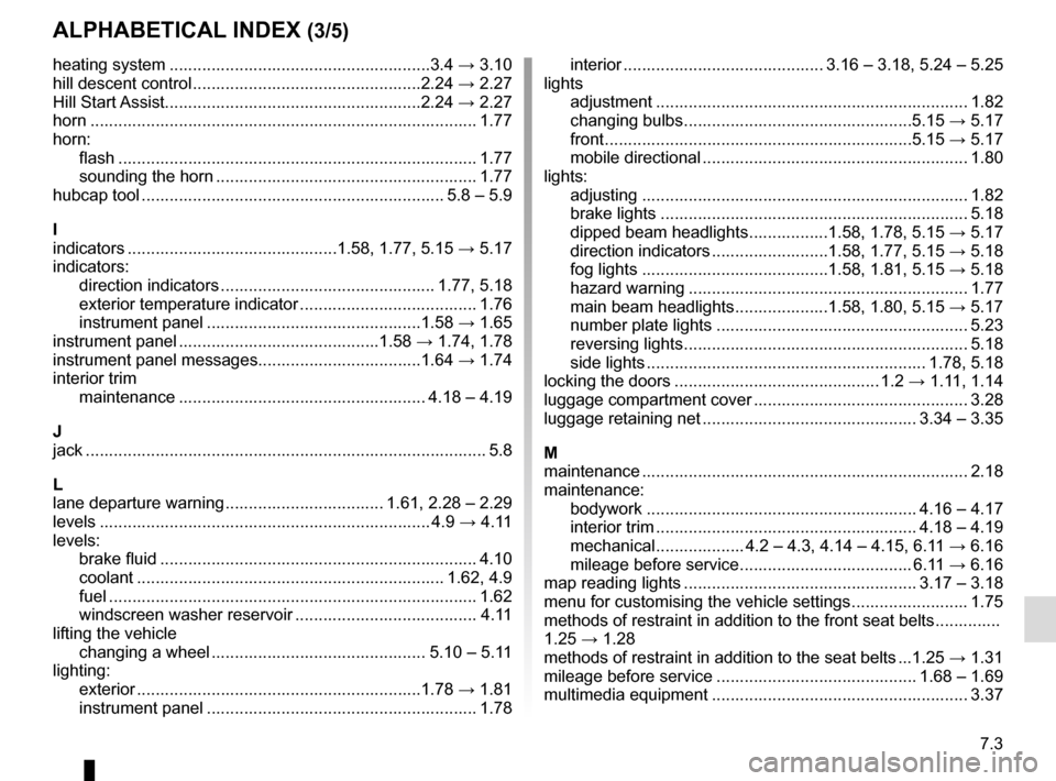 RENAULT MEGANE ESTATE 2016 X95 / 3.G Repair Manual 7.3
ALPHABETICAL INDEX (3/5)
heating system ........................................................3.4 → 3.10
hill descent control .................................................2.24  → 2.27
Hi