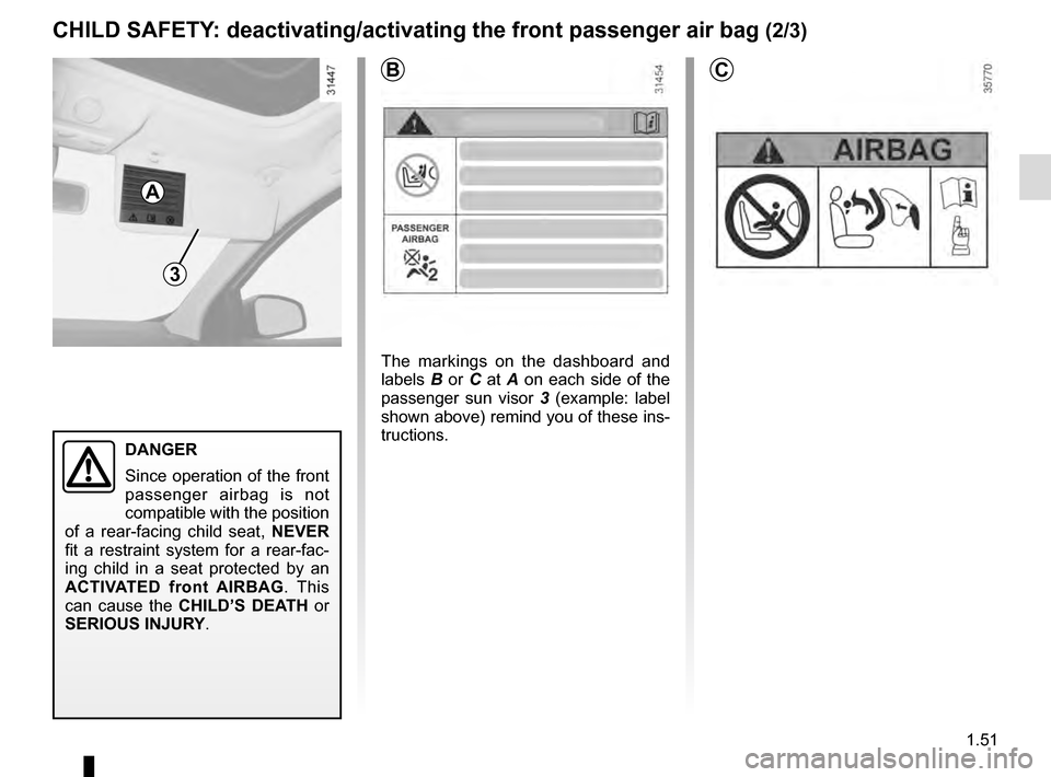 RENAULT MEGANE ESTATE 2016 X95 / 3.G Workshop Manual 1.51
CHILD SAFETY: deactivating/activating the front passenger air bag (2/3)
3
B
A
C
The markings on the dashboard and
labels B or C at A on each side of the
passenger sun visor 3 (example: label
RENAULT MEGANE ESTATE 2016 X95 / 3.G Workshop Manual 1.51
CHILD SAFETY: deactivating/activating the front passenger air bag (2/3)
3
B
A
C
The markings on the dashboard and
labels B or C at A on each side of the
passenger sun visor 3 (example: label