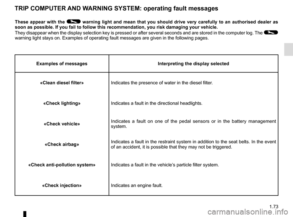 RENAULT MEGANE ESTATE 2016 X95 / 3.G Manual PDF 1.73
TRIP COMPUTER AND WARNING SYSTEM: operating fault messages
These appear with the © warning light and mean that you should drive very carefully to an author\
ised dealer as 
soon as possible. If 