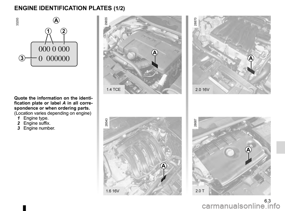 RENAULT MEGANE HATCHBACK 2016 X95 / 3.G Owners Manual technical specifications ......................... (up to the end of the DU)
vehicle identification plates  ................... (up to the end of the DU)
6.3
ENG_UD23979_7
Plaques d’identification m