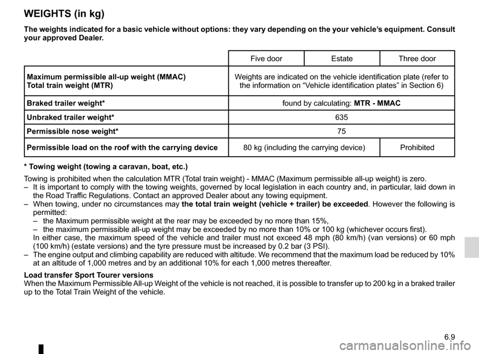 RENAULT MEGANE HATCHBACK 2016 X95 / 3.G User Guide technical specifications ......................... (up to the end of the DU)
towing a caravan  .................................. (up to the end of the DU)
towing weights  ............................