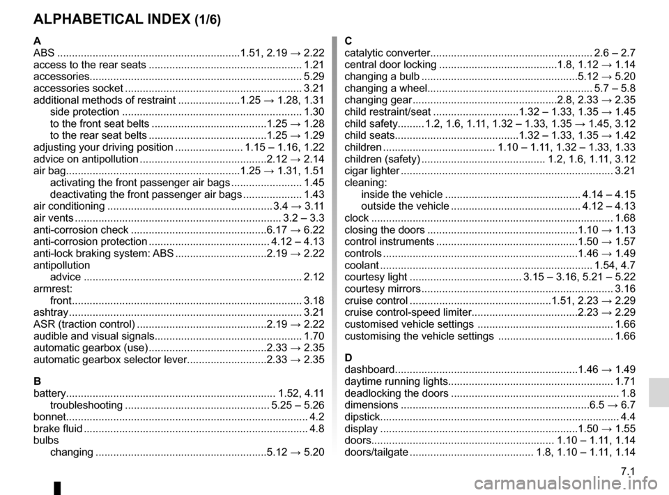RENAULT MEGANE HATCHBACK 2016 X95 / 3.G Owners Manual 7.1
FRA_UD24011_10
Index (X95 - B95 - D95 - Renault)
ENG_NU_837-8_BDK95_Renault_7
AlphAbeticAl index (1/6)
A
ABS
.............................................................. 1.51, 2.19
→ 2.22 RENAULT MEGANE HATCHBACK 2016 X95 / 3.G Owners Manual 7.1
FRA_UD24011_10
Index (X95 - B95 - D95 - Renault)
ENG_NU_837-8_BDK95_Renault_7
AlphAbeticAl index (1/6)
A
ABS
.............................................................. 1.51, 2.19
→ 2.22