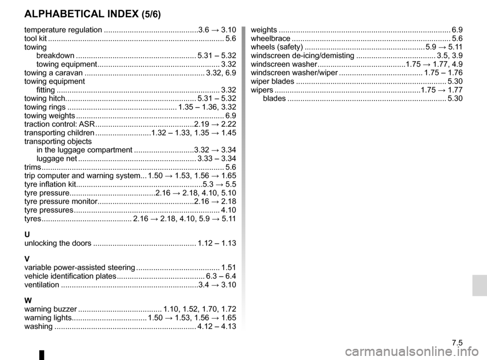 RENAULT MEGANE HATCHBACK 2016 X95 / 3.G User Guide JauneNoirNoir texte
7.5
FRA_UD24011_10
Index (X95 - B95 - D95 - Renault)
ENG_NU_837-8_BDK95_Renault_7
AlphAbeticAl index (5/6)
temperature regulation ............................................ 3.6  