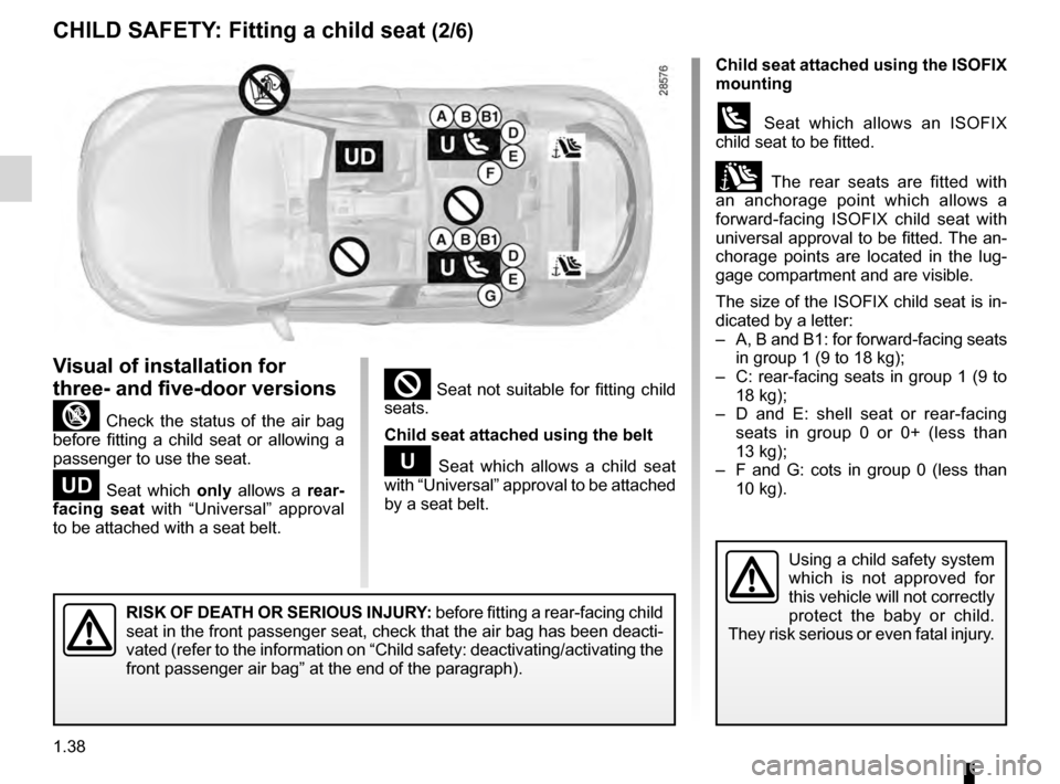 RENAULT MEGANE HATCHBACK 2016 X95 / 3.G Service Manual 1.38
ENG_UD23611_7
Sécurité enfants : installation du siège enfant (X95 - B95 - D\
95 - Renault)
ENG_NU_837-8_BDK95_Renault_1
Jaune NoirNoir texte
² Seat not suitable for fitting child
seat RENAULT MEGANE HATCHBACK 2016 X95 / 3.G Service Manual 1.38
ENG_UD23611_7
Sécurité enfants : installation du siège enfant (X95 - B95 - D\
95 - Renault)
ENG_NU_837-8_BDK95_Renault_1
Jaune NoirNoir texte
² Seat not suitable for fitting child
seat