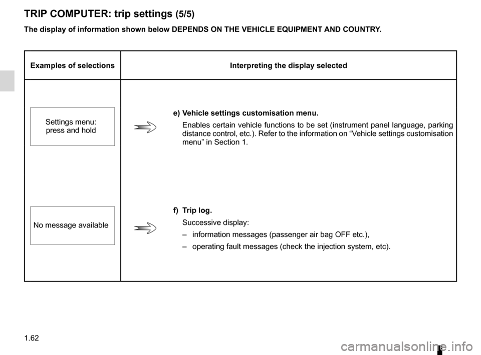 RENAULT MEGANE HATCHBACK 2016 X95 / 3.G Repair Manual 1.62
ENG_UD23624_1
Ordinateur de bord : paramètres de voyage (X95 - B95 - D95 - K95 - R\
enault)
ENG_NU_837-8_BDK95_Renault_1
TRIp  c O mp UTER: trip settings (5/5)
Examples of selections Interpretin