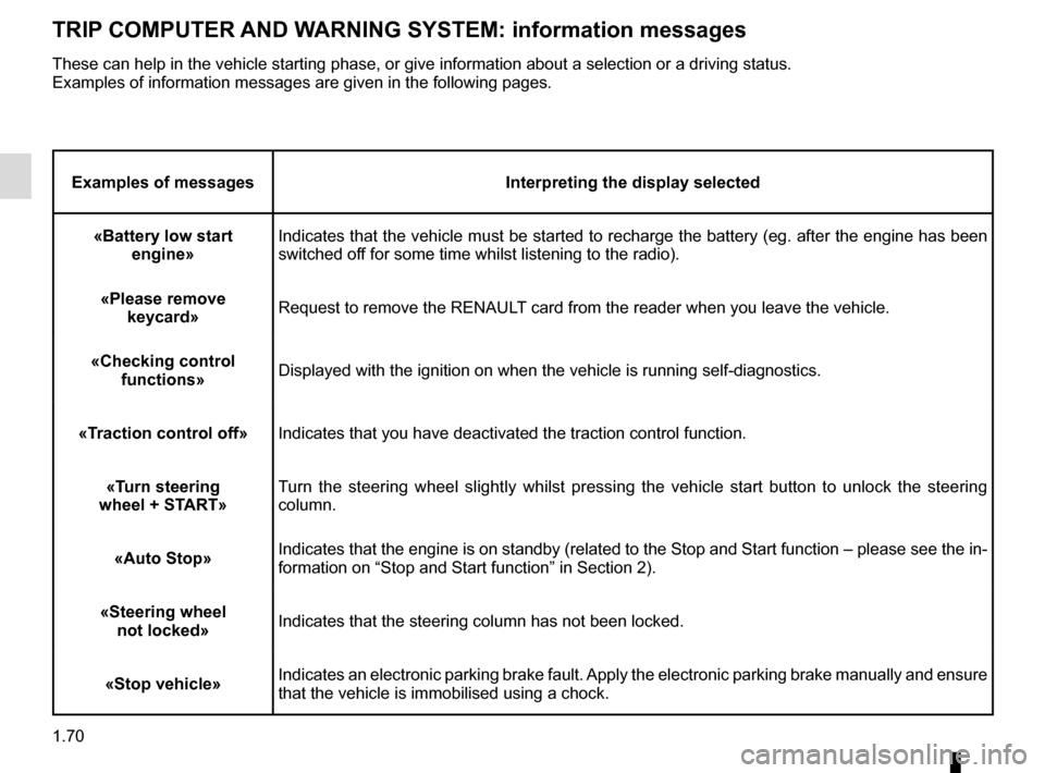 RENAULT MEGANE SPORT TOURER 2016 X95 / 3.G Manual PDF 1.70
TRIP COMPUTER AND WARNING SYSTEM: information messages
Examples of messagesInterpreting the display selected
«Battery low start engine» Indicates that the vehicle must be started to recharge t RENAULT MEGANE SPORT TOURER 2016 X95 / 3.G Manual PDF 1.70
TRIP COMPUTER AND WARNING SYSTEM: information messages
Examples of messagesInterpreting the display selected
«Battery low start engine» Indicates that the vehicle must be started to recharge t