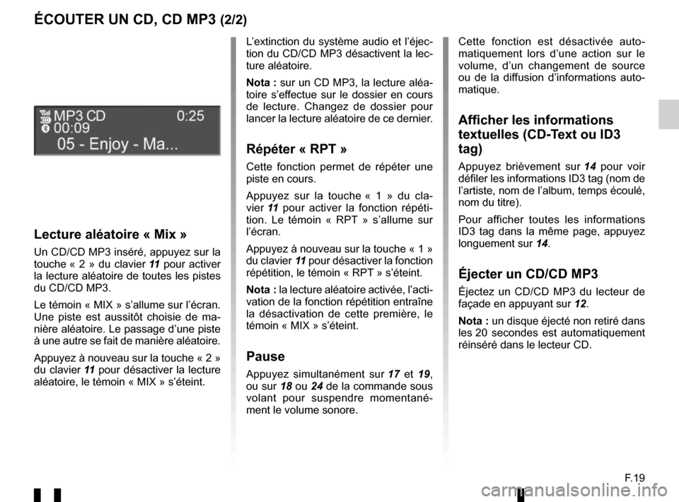 RENAULT TWINGO 2016 3.G Radio Connect R And Go Owners Manual F.19
ÉCOUTER UN CD, CD MP3 (2/2)
Lecture aléatoire « Mix »
Un CD/CD MP3 inséré, appuyez sur la 
touche « 2 » du clavier 11 pour activer 
la lecture aléatoire de toutes les pistes 
du CD/CD MP