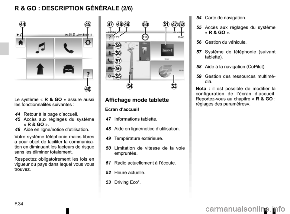 RENAULT TWINGO 2016 3.G Radio Connect R And Go User Guide F.34
Le système « R & GO » assure aussi
les fonctionnalités suivantes :
44 Retour à la page d’accueil.
45 Accès aux réglages du système « R & GO ».
46 Aide en ligne/notice d’util RENAULT TWINGO 2016 3.G Radio Connect R And Go User Guide F.34
Le système « R & GO » assure aussi
les fonctionnalités suivantes :
44 Retour à la page d’accueil.
45 Accès aux réglages du système « R & GO ».
46 Aide en ligne/notice d’util