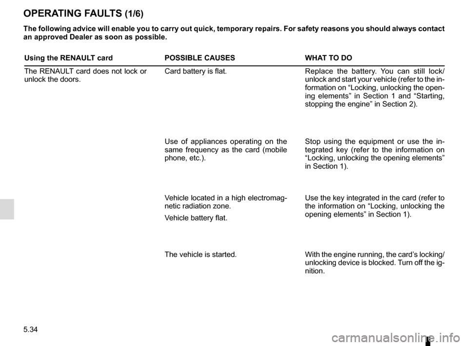 RENAULT SCENIC 2016 J95 / 3.G Owners Manual 5.34
OPERATING FAULTS (1/6)
The following advice will enable you to carry out quick, temporary repai\
rs. For safety reasons you should always contact
an approved Dealer as soon as possible.
Using th RENAULT SCENIC 2016 J95 / 3.G Owners Manual 5.34
OPERATING FAULTS (1/6)
The following advice will enable you to carry out quick, temporary repai\
rs. For safety reasons you should always contact
an approved Dealer as soon as possible.
Using th