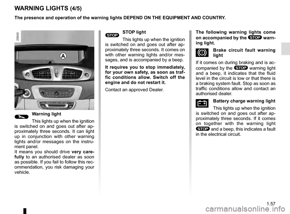 RENAULT SCENIC 2016 J95 / 3.G Owners Manual 1.57
®STOP light
This lights up when the ignition 
is switched on and goes out after ap-
proximately three seconds. It comes on 
with other warning lights and/or mes-
sages, and is accompanied by a b