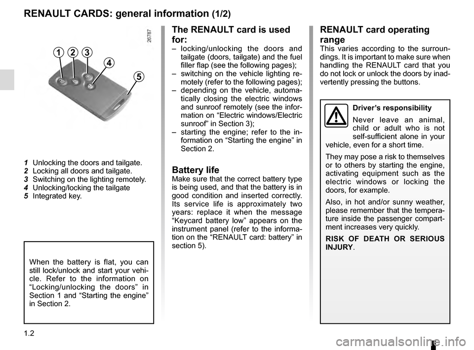 RENAULT SCENIC 2016 J95 / 3.G Owners Manual 1.2
RENAULT CARDS: general information (1/2)
1 Unlocking the doors and tailgate.
2  Locking all doors and tailgate.
3  Switching on the lighting remotely.
4  Unlocking/locking the tailgate
5  Integrat