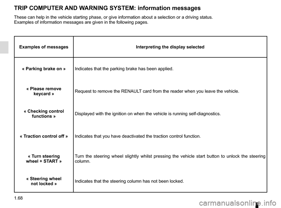 RENAULT SCENIC 2016 J95 / 3.G Manual PDF 1.68
TRIP COMPUTER AND WARNING SYSTEM: information messages
Examples of messagesInterpreting the display selected
« Parking brake on » Indicates that the parking brake has been applied.
« Please re