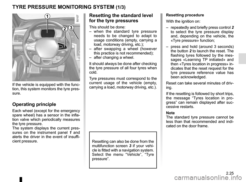 RENAULT TALISMAN 2016 1.G Owners Guide 2.25
TYRE PRESSURE MONITORING SYSTEM (1/3)
If the vehicle is equipped with the func-
tion, this system monitors the tyre pres-
sure.
Operating principle
Each wheel (except for the emergency 
spare whe