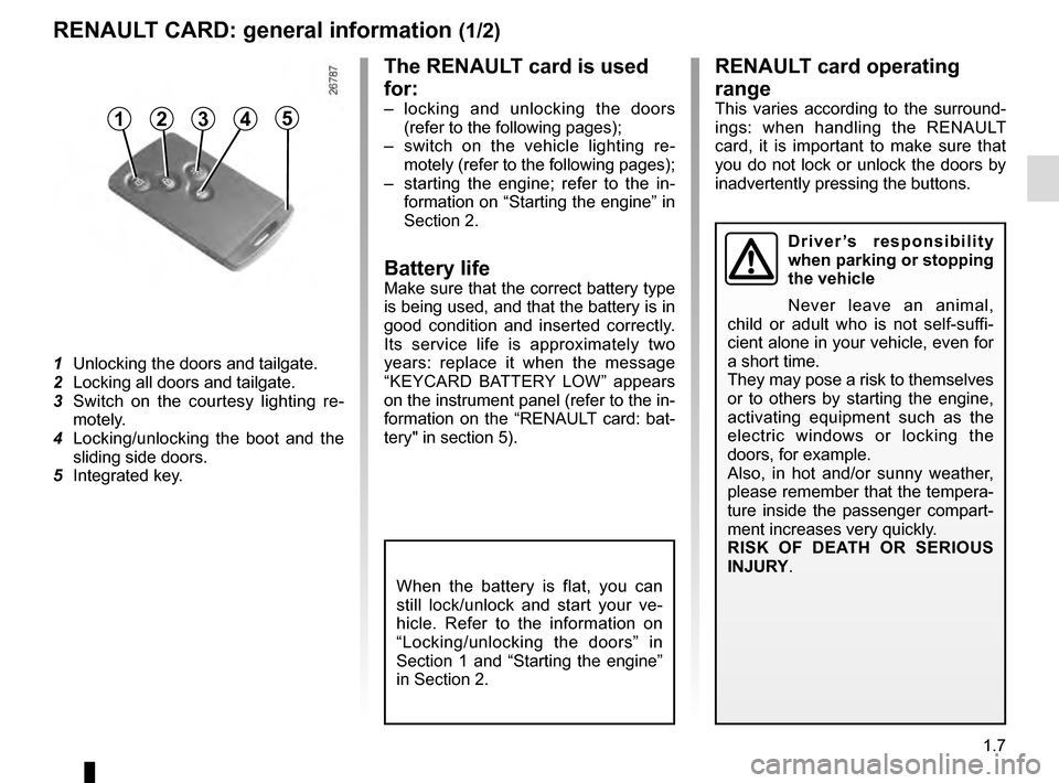 RENAULT TRAFIC 2016 X82 / 3.G Owners Manual 1.7
The RENAULT card is used 
for:
– locking and unlocking the doors (refer to the following pages);
–  switch on the vehicle lighting re- motely (refer to the following pages);
–  starting the 