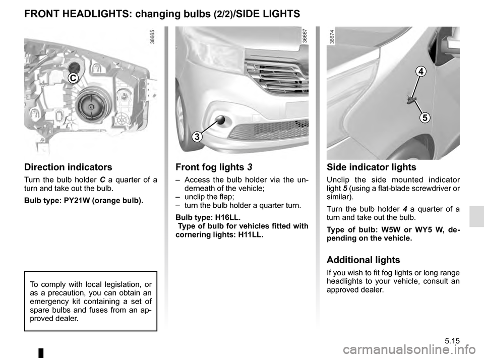 RENAULT TRAFIC 2016 X82 / 3.G Owners Manual 5.15
FRONT HEADLIGHTS: changing bulbs (2/2)/SIDE LIGHTS
Front fog lights 3
–  Access the bulb holder via the un-
derneath of the vehicle;
–  unclip the flap;
–  turn the bulb holder a quarter tu