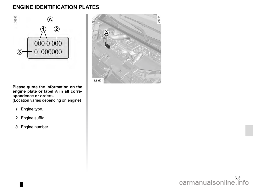 RENAULT TRAFIC 2016 X82 / 3.G Owners Manual 6.3
Please quote the information on the 
engine plate or label A  in all corre-
spondence or orders.
(Location varies depending on engine)
  1 Engine type.
  2 Engine suffix.
  3 Engine number.
ENGINE