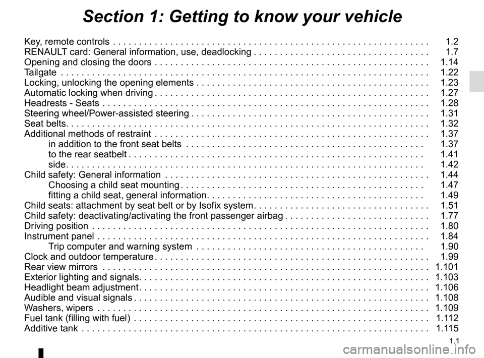 RENAULT TRAFIC 2016 X82 / 3.G Owners Manual 1.1
Section 1: Getting to know your vehicle
Key, remote controls  . . . . . . . . . . . . . . . . . . . . . . . . . . . . . . . . . . . .\ . . . . . . . . . . . . . . . . . . . . . . . . .   1.2
RENA