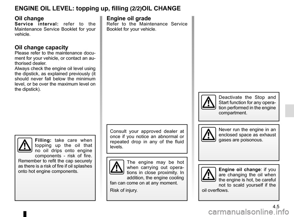 RENAULT TWINGO 2016 3.G User Guide 4.5
ENGINE OIL LEVEL: topping up, filling (2/2)OIL CHANGE
Never run the engine in an 
enclosed space as exhaust 
gases are poisonous.
Engine oil change: if you 
are changing the oil when 
the engine i