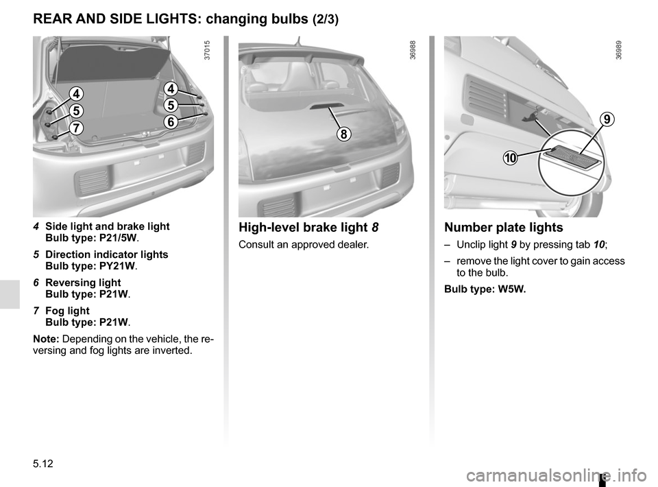 RENAULT TWINGO 2016 3.G Owners Manual 5.12
REAR AND SIDE LIGHTS: changing bulbs (2/3)
Number plate lights
– Unclip light 9 by pressing tab 10;
–  remove the light cover to gain access  to the bulb.
Bulb type: W5W.
10
9
High-level brak