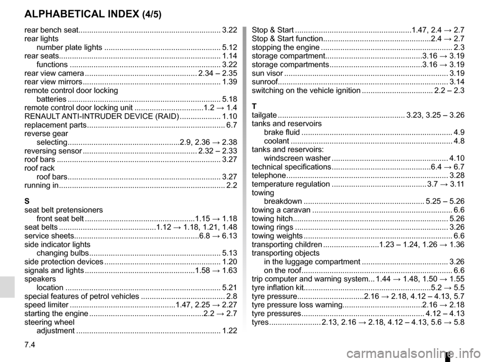 RENAULT TWINGO 2016 3.G Manual PDF 7.4
ALPHABETICAL INDEX (4/5)
rear bench seat.........................................................\
......... 3.22
rear lightsnumber plate lights ...................................................