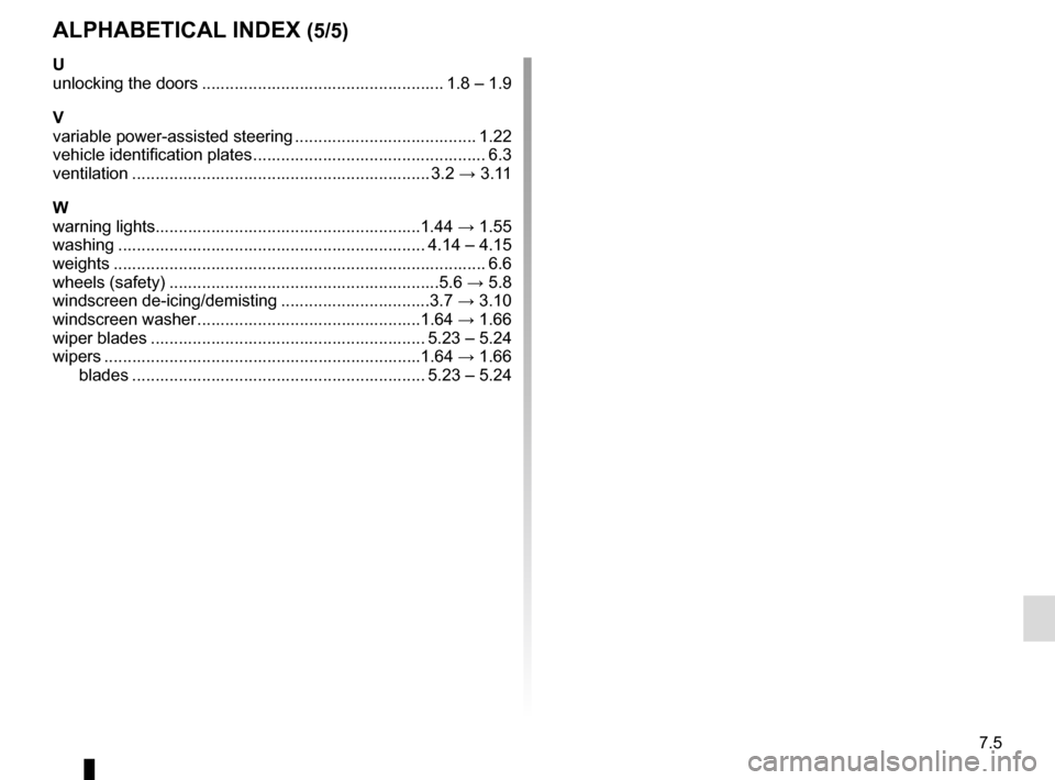 RENAULT TWINGO 2016 3.G Owners Manual 7.5
ALPHABETICAL INDEX (5/5)
U
unlocking the doors .................................................... 1.8 – 1.9
V
variable power-assisted steering ....................................... 1.22
vehi