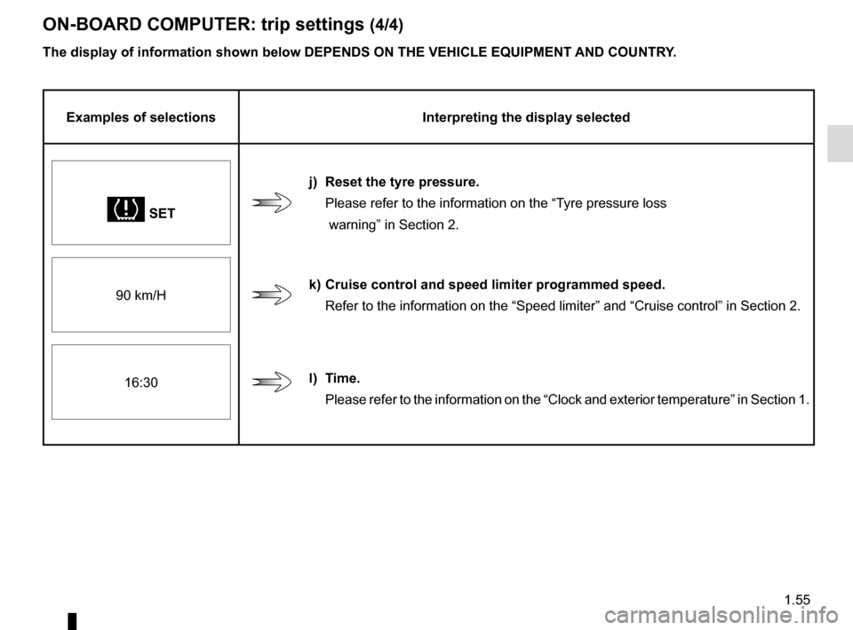RENAULT TWINGO 2016 3.G Owners Manual 1.55
The display of information shown below DEPENDS ON THE VEHICLE EQUIPMENT \
AND COUNTRY.
ON-BOARD COMPUTER: trip settings (4/4)
Examples of selectionsInterpreting the display selected
\b SET
j) Re RENAULT TWINGO 2016 3.G Owners Manual 1.55
The display of information shown below DEPENDS ON THE VEHICLE EQUIPMENT \
AND COUNTRY.
ON-BOARD COMPUTER: trip settings (4/4)
Examples of selectionsInterpreting the display selected
\b SET
j) Re