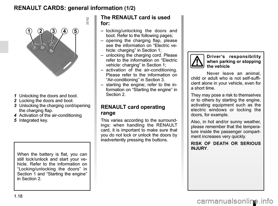 RENAULT ZOE 2016 1.G Owners Manual 1.18
RENAULT CARDS: general information (1/2)
1  Unlocking the doors and boot.
2  Locking the doors and boot.
3  Unlocking the charging cord/opening the charging flap.
4  Activation of the air-conditi