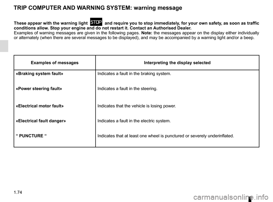 RENAULT ZOE 2016 1.G Owners Manual 1.74
TRIP COMPUTER AND WARNING SYSTEM: warning message
These appear with the warning light  û  and require you to stop immediately, for your own safety, as soon as traffic 
conditions allow. Stop you