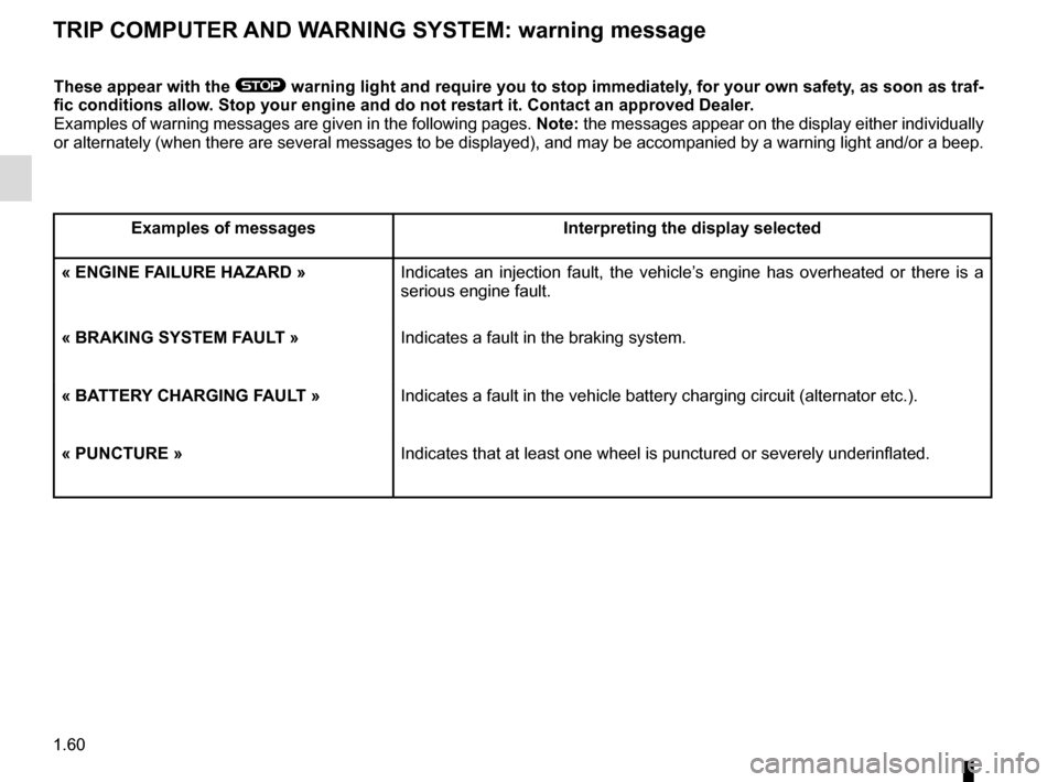 RENAULT CAPTUR 2017 1.G Owners Manual 1.60
TRIP COMPUTER AND WARNING SYSTEM: warning message
These appear with the ® warning light and require you to stop immediately, for your own safety, as soon as traf-
fic conditions allow. Stop your