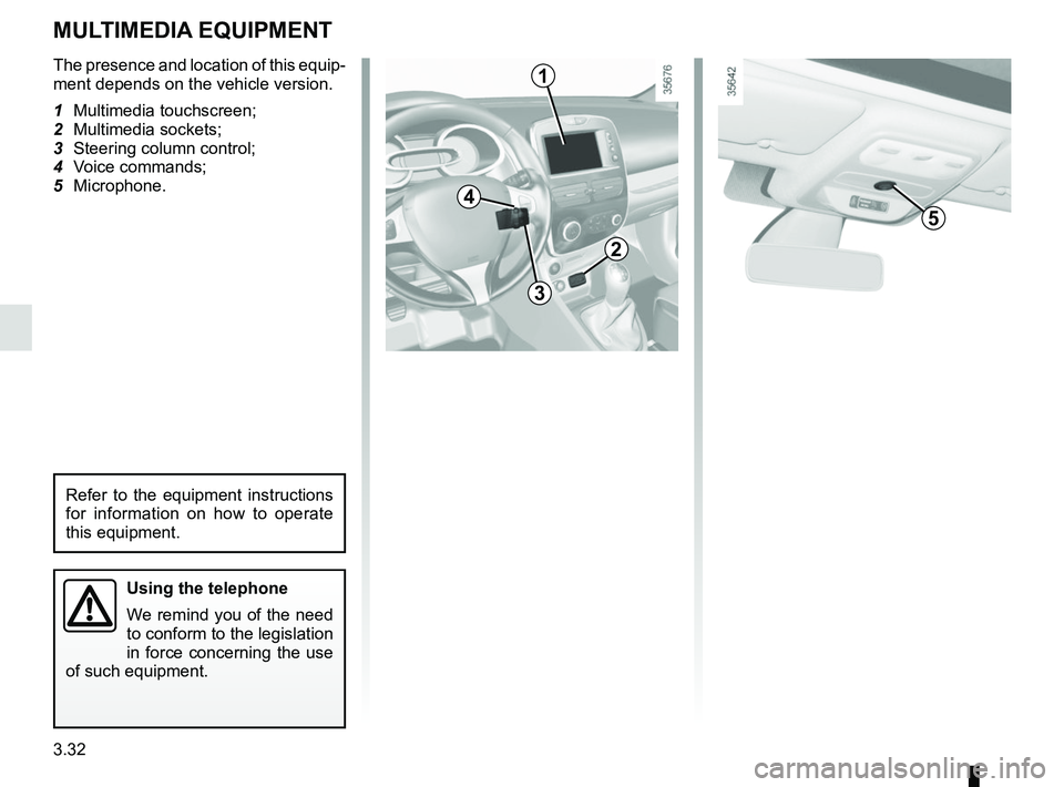 RENAULT CLIO 2017 X98 / 4.G Owners Manual 3.32
The presence and location of this equip-
ment depends on the vehicle version.
1 Multimedia touchscreen;
2 Multimedia sockets;
3  Steering column control;
4 Voice commands;
5 Microphone.
Using the