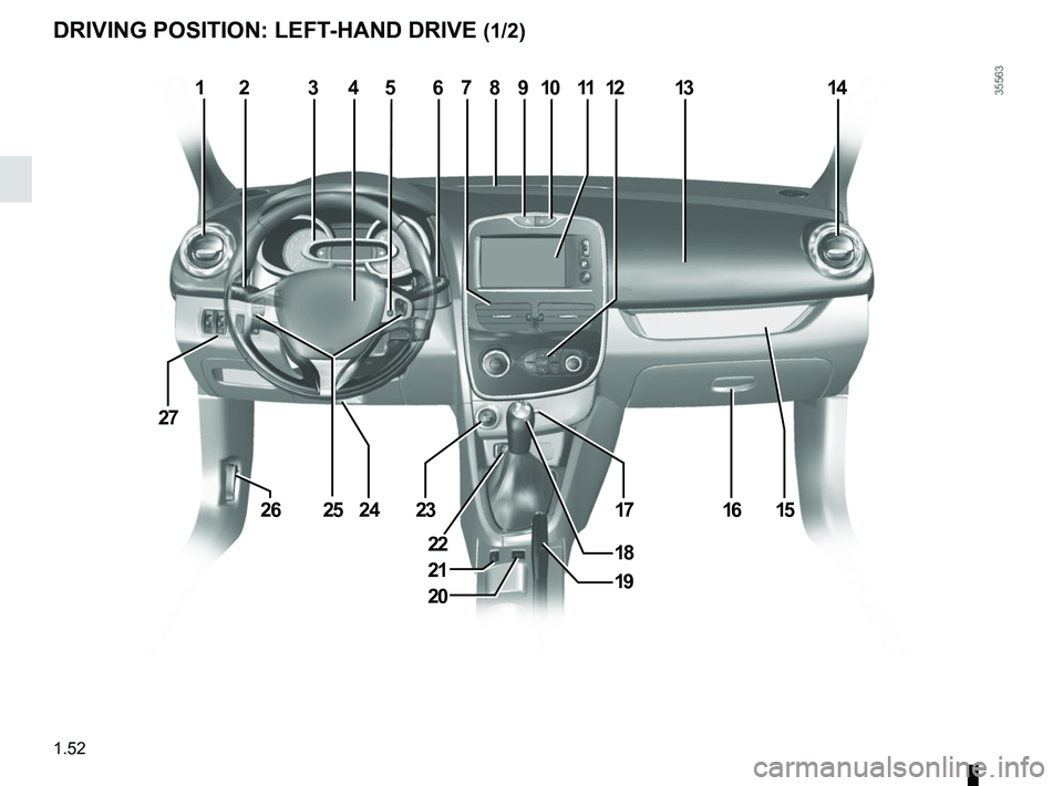 RENAULT CLIO 2017 X98 / 4.G Workshop Manual 1.52
DRIVING POSITION: LEFT-HAND DRIVE (1/2)
1234687111214
1615
10
1723
27
2426
19
9
1822
13
20
21
25
5  