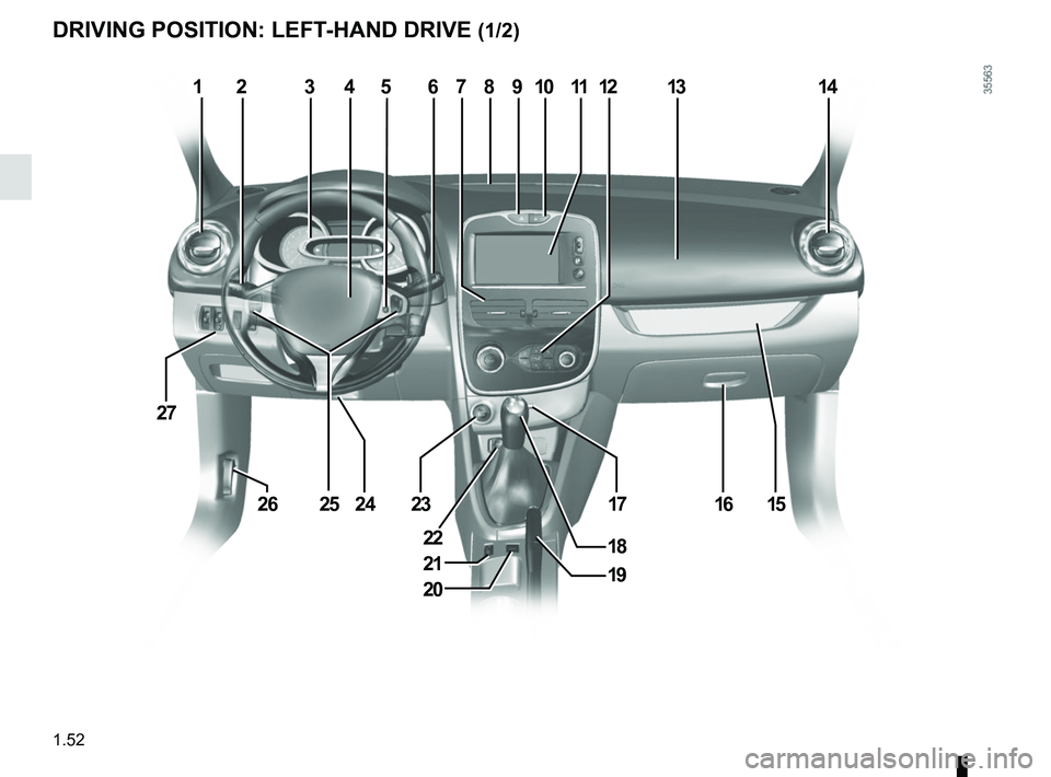 RENAULT CLIO 2017 X98 / 4.G Workshop Manual 1.52
DRIVING POSITION: LEFT-HAND DRIVE (1/2)
1234687111214
1615
10
1723
27
2426
19
9
1822
13
20
21
25
5  