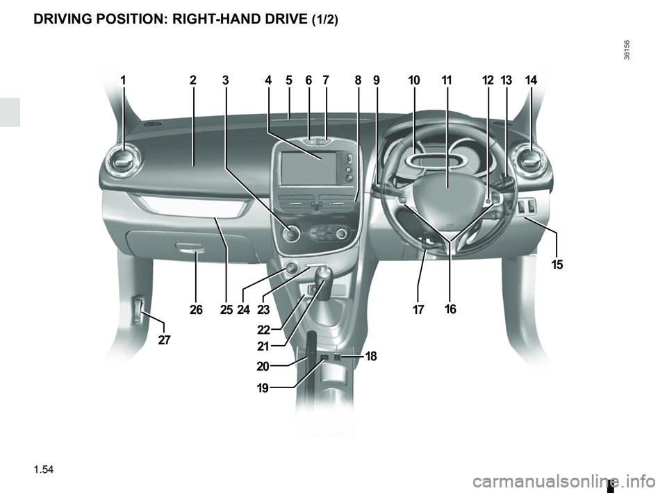 RENAULT CLIO 2017 X98 / 4.G Workshop Manual 1.54
DRIVING POSITION: RIGHT-HAND DRIVE (1/2)
13456789111213142
15
161723
22
18
19
20
21
242526
27
10  