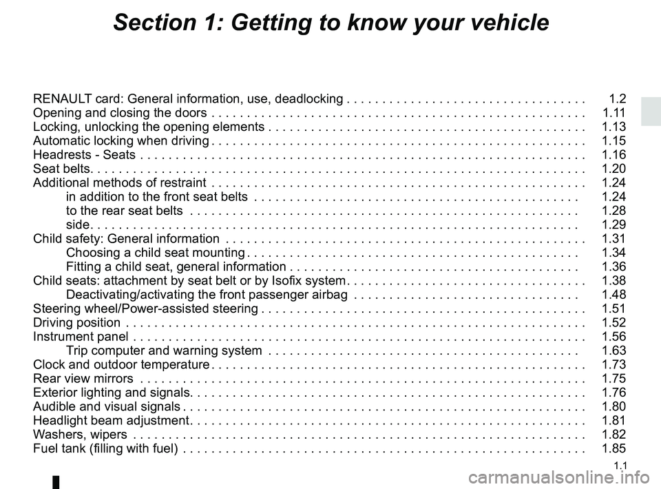 RENAULT CLIO 2017 X98 / 4.G Owners Manual 1.1
Section 1: Getting to know your vehicle
RENAULT card: General information, use, deadlocking . . . . . . . . . . . . . . . . . . . . . . . . . . . . . . . . . .   1.2
Opening and closing the doors 