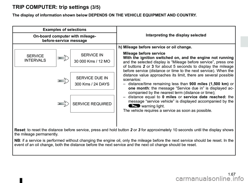RENAULT CLIO 2017 X98 / 4.G Manual PDF 1.67
TRIP COMPUTER: trip settings (3/5)
The display of information shown below DEPENDS ON THE VEHICLE EQUIPMENT \
AND COUNTRY.
Examples of selectionsInterpreting the display selected
On-board computer RENAULT CLIO 2017 X98 / 4.G Manual PDF 1.67
TRIP COMPUTER: trip settings (3/5)
The display of information shown below DEPENDS ON THE VEHICLE EQUIPMENT \
AND COUNTRY.
Examples of selectionsInterpreting the display selected
On-board computer