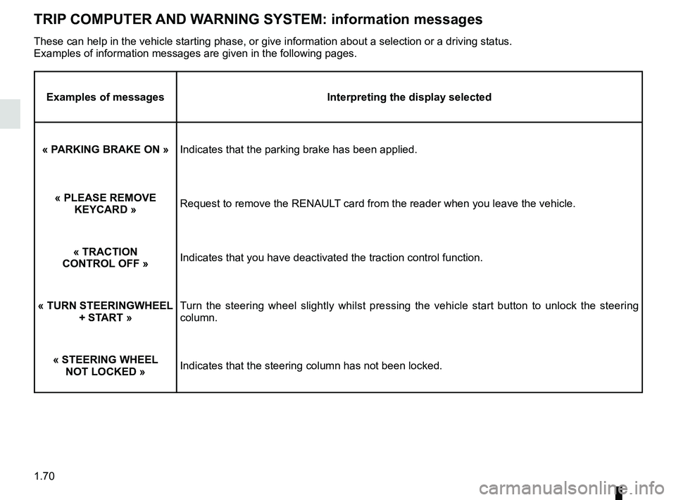 RENAULT CLIO 2017 X98 / 4.G Owners Manual 1.70
TRIP COMPUTER AND WARNING SYSTEM: information messages
Examples of messagesInterpreting the display selected
« PARKING BRAKE ON » Indicates that the parking brake has been applied.
« PLEASE RENAULT CLIO 2017 X98 / 4.G Owners Manual 1.70
TRIP COMPUTER AND WARNING SYSTEM: information messages
Examples of messagesInterpreting the display selected
« PARKING BRAKE ON » Indicates that the parking brake has been applied.
« PLEASE