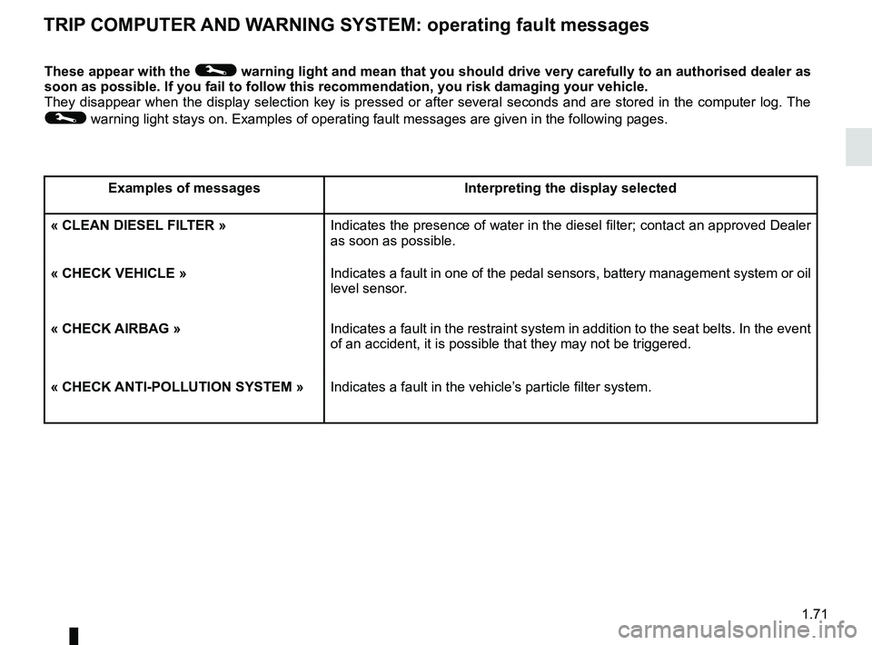 RENAULT CLIO 2017 X98 / 4.G Manual PDF 1.71
TRIP COMPUTER AND WARNING SYSTEM: operating fault messages
These appear with the © warning light and mean that you should drive very carefully to an author\
ised dealer as 
soon as possible. If 