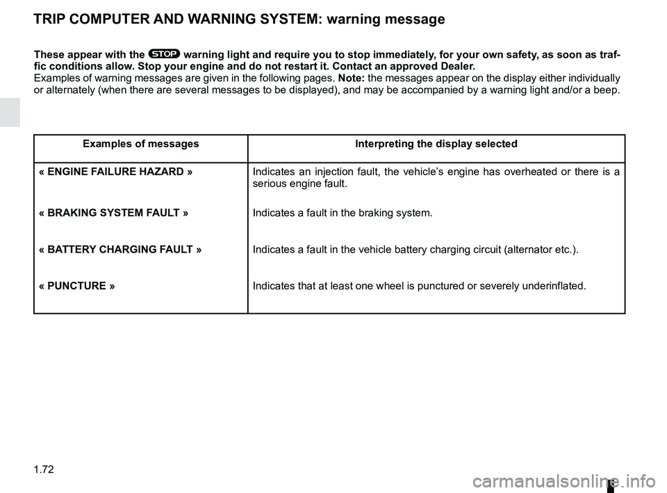 RENAULT CLIO 2017 X98 / 4.G Owners Manual 1.72
TRIP COMPUTER AND WARNING SYSTEM: warning message
These appear with the ® warning light and require you to stop immediately, for your own safety, as soon as traf-
fic conditions allow. Stop your