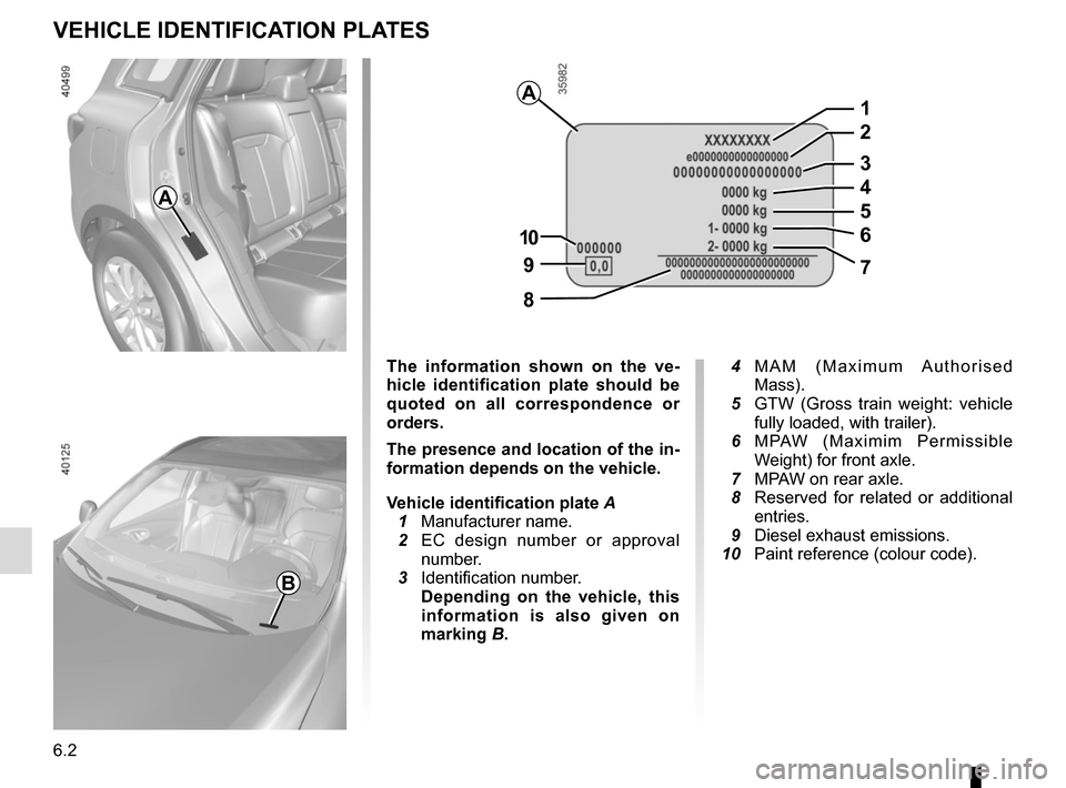 RENAULT KADJAR 2017 1.G Owners Manual 6.2
VEHICLE IDENTIFICATION PLATES
A
B
The information shown on the ve-
hicle identification plate should be
quoted on all correspondence or
orders.
The presence and location of the in-
formation dep RENAULT KADJAR 2017 1.G Owners Manual 6.2
VEHICLE IDENTIFICATION PLATES
A
B
The information shown on the ve-
hicle identification plate should be
quoted on all correspondence or
orders.
The presence and location of the in-
formation dep