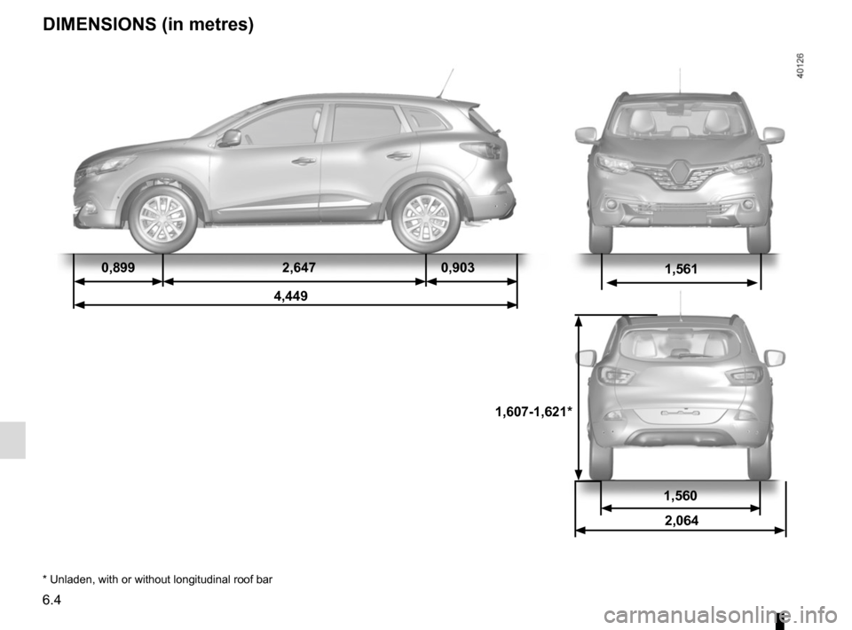 RENAULT KADJAR 2017 1.G Owners Manual 6.4
1,607-1,621*
1,5610,8992,6470,903
4,449
DIMENSIONS (in metres)
1,560 2,064
* Unladen, with or without longitudinal roof bar RENAULT KADJAR 2017 1.G Owners Manual 6.4
1,607-1,621*
1,5610,8992,6470,903
4,449
DIMENSIONS (in metres)
1,560 2,064
* Unladen, with or without longitudinal roof bar