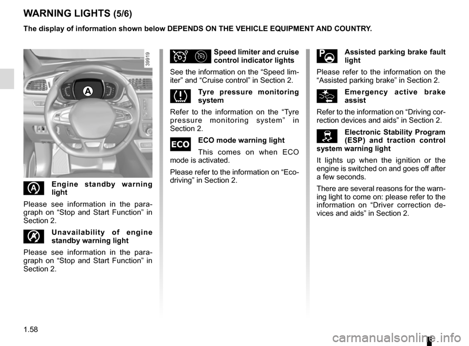 RENAULT KADJAR 2017 1.G Repair Manual 1.58
WARNING LIGHTS (5/6)
The display of information shown below DEPENDS ON THE VEHICLE EQUIPMENT \
AND COUNTRY.
Assisted parking brake fault
light
Please refer to the information on the
“Assis RENAULT KADJAR 2017 1.G Repair Manual 1.58
WARNING LIGHTS (5/6)
The display of information shown below DEPENDS ON THE VEHICLE EQUIPMENT \
AND COUNTRY.
Assisted parking brake fault
light
Please refer to the information on the
“Assis