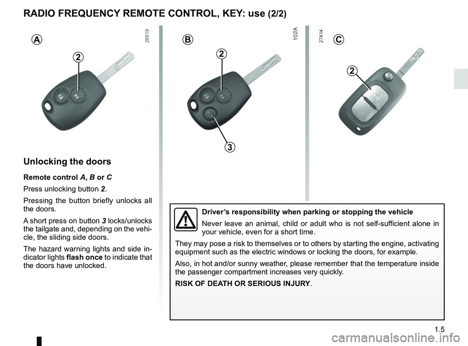 RENAULT KANGOO 2017 X61 / 2.G User Guide 1.5
2
Unlocking the doors
Remote control A, B or C
Press unlocking button 2.
Pressing the button briefly unlocks all 
the doors.
A short press on button 3 locks/unlocks 
the tailgate and, depending on
