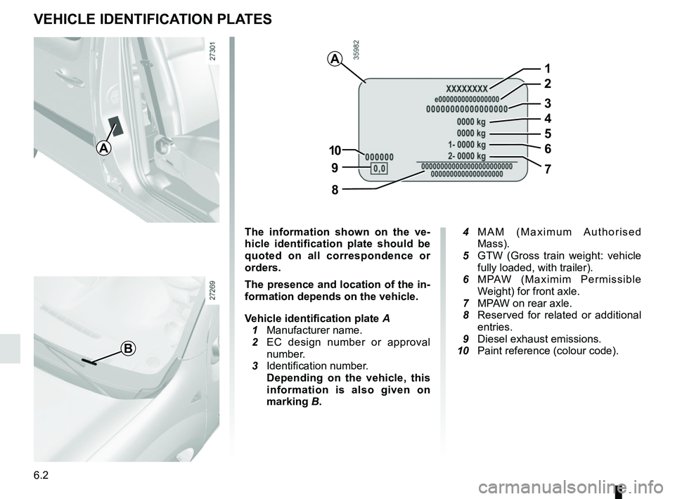 RENAULT KANGOO 2017 X61 / 2.G Owners Manual 6.2
VEHICLE IDENTIFICATION PLATES
A
B
The information shown on the ve-
hicle identification plate should be
quoted on all correspondence or
orders.
The presence and location of the in-
formation dep RENAULT KANGOO 2017 X61 / 2.G Owners Manual 6.2
VEHICLE IDENTIFICATION PLATES
A
B
The information shown on the ve-
hicle identification plate should be
quoted on all correspondence or
orders.
The presence and location of the in-
formation dep