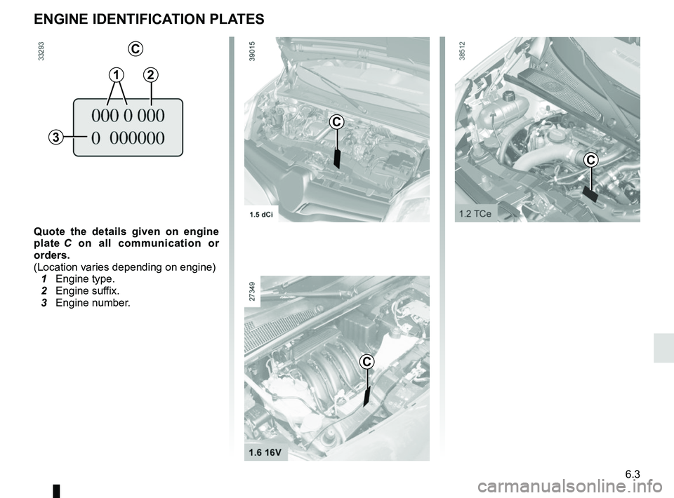 RENAULT KANGOO 2017 X61 / 2.G Manual PDF 6.3
Quote the details given on engine 
plate C on all communication or 
orders.
(Location varies depending on engine)
  1 Engine type.
  2 Engine suffix.
  3 Engine number.
ENGINE IDENTIFICATION PLATE