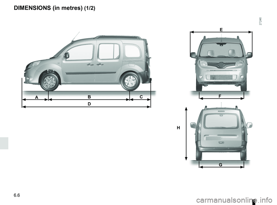 RENAULT KANGOO 2017 X61 / 2.G Owners Manual 6.6
DIMENSIONS (in metres) (1/2)
H
B
DACF
G
E RENAULT KANGOO 2017 X61 / 2.G Owners Manual 6.6
DIMENSIONS (in metres) (1/2)
H
B
DACF
G
E