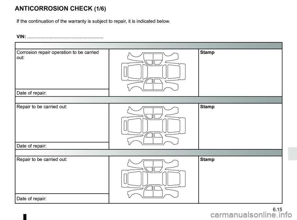 RENAULT KANGOO 2017 X61 / 2.G Owners Manual 6.15
ANTICORROSION CHECK (1/6)
If the continuation of the warranty is subject to repair, it is indicated below.
VIN: ..........................................................
Corrosion repair operati